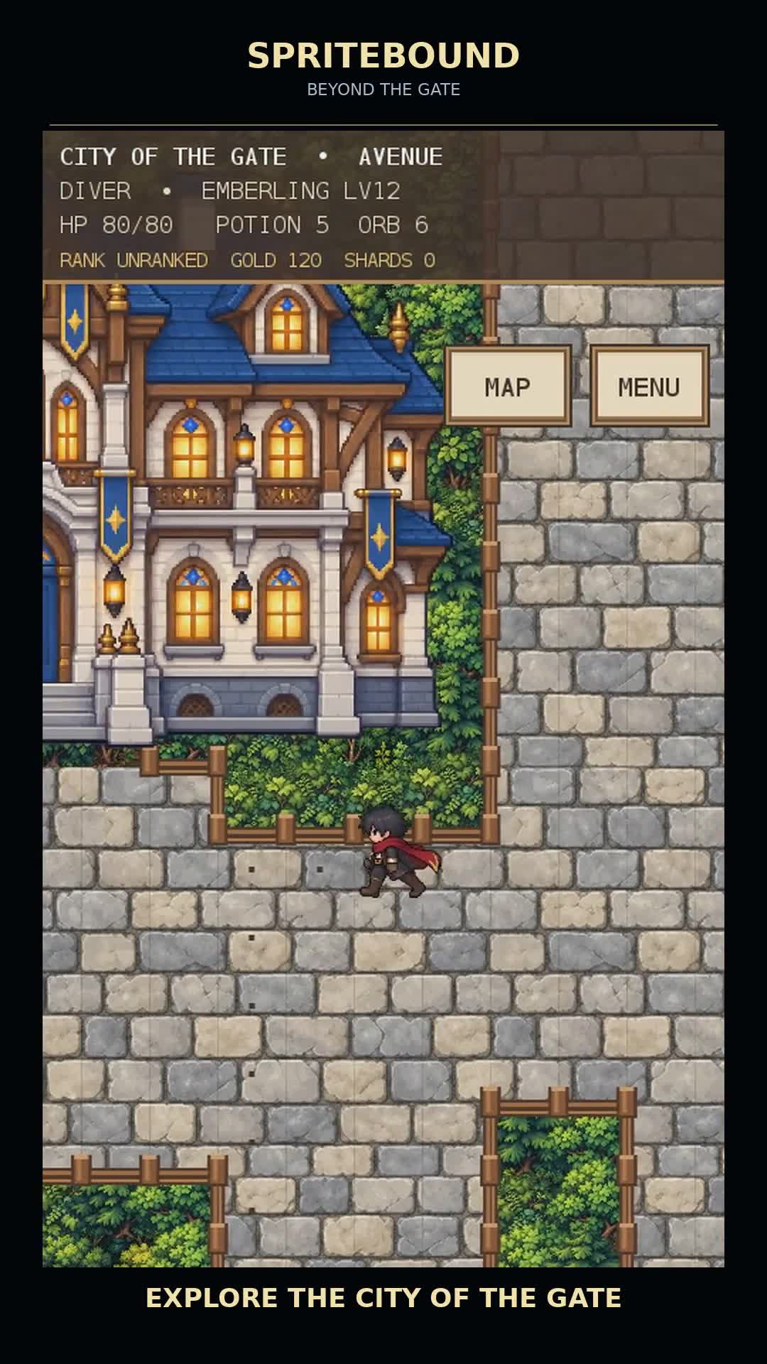 Spritebound gameplay: a Diver exploring the City of the Gate